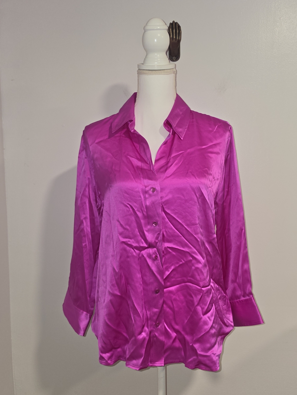 L'AGENCE Dani Fuschia 100% Silk Satin 3/4 Sleeve Shirt Women's Size Large